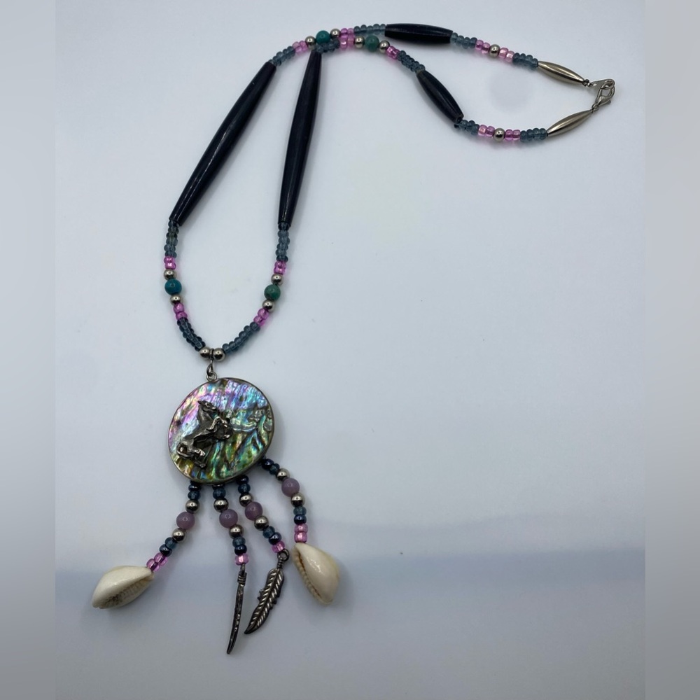 Native American Abalone Shell Horse Necklace made by “Eagle Man” Gorgeous